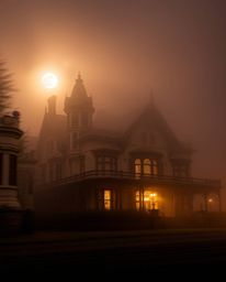 Capture the ethereal beauty of a fog-covered Victorian mansion bathed in moonlight, creating a dynamic composition with warm 