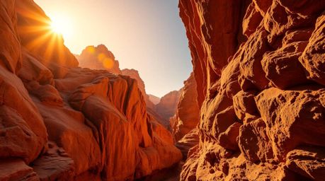 This high-resolution stock photo captures a stunning rocky canyon bathed in the warm hues of a setting sun. The image feature