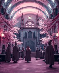 Explore a surreal and captivating infrared photograph of a magical school teeming with elegant young wizards. Bathed in gentl