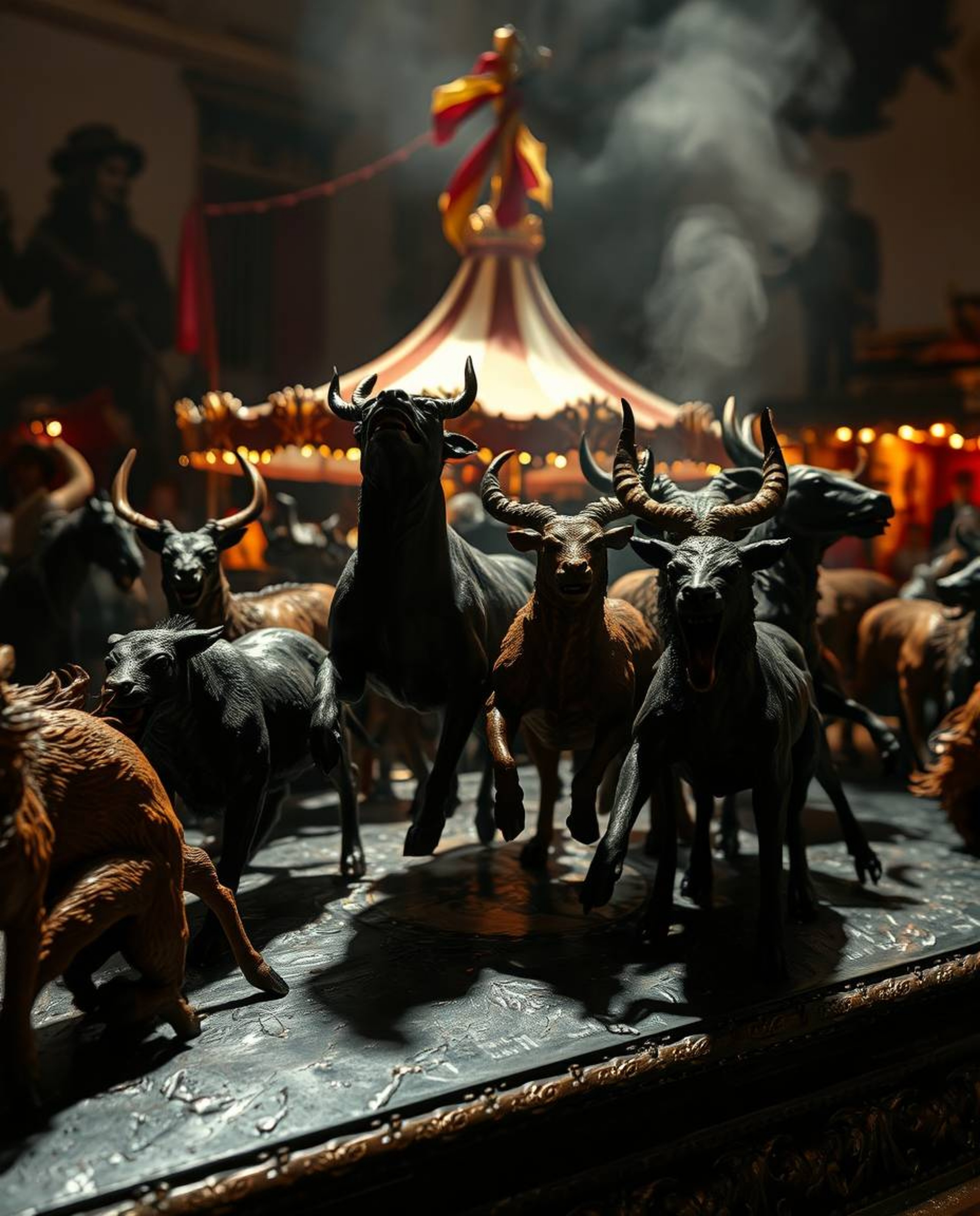 A chaotic carnival scene overrun by wild animals, captured in a dramatic bronze sculpture with an antique patina finish. The 