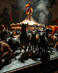 A chaotic carnival scene overrun by wild animals, captured in a dramatic bronze sculpture with an antique patina finish. The 