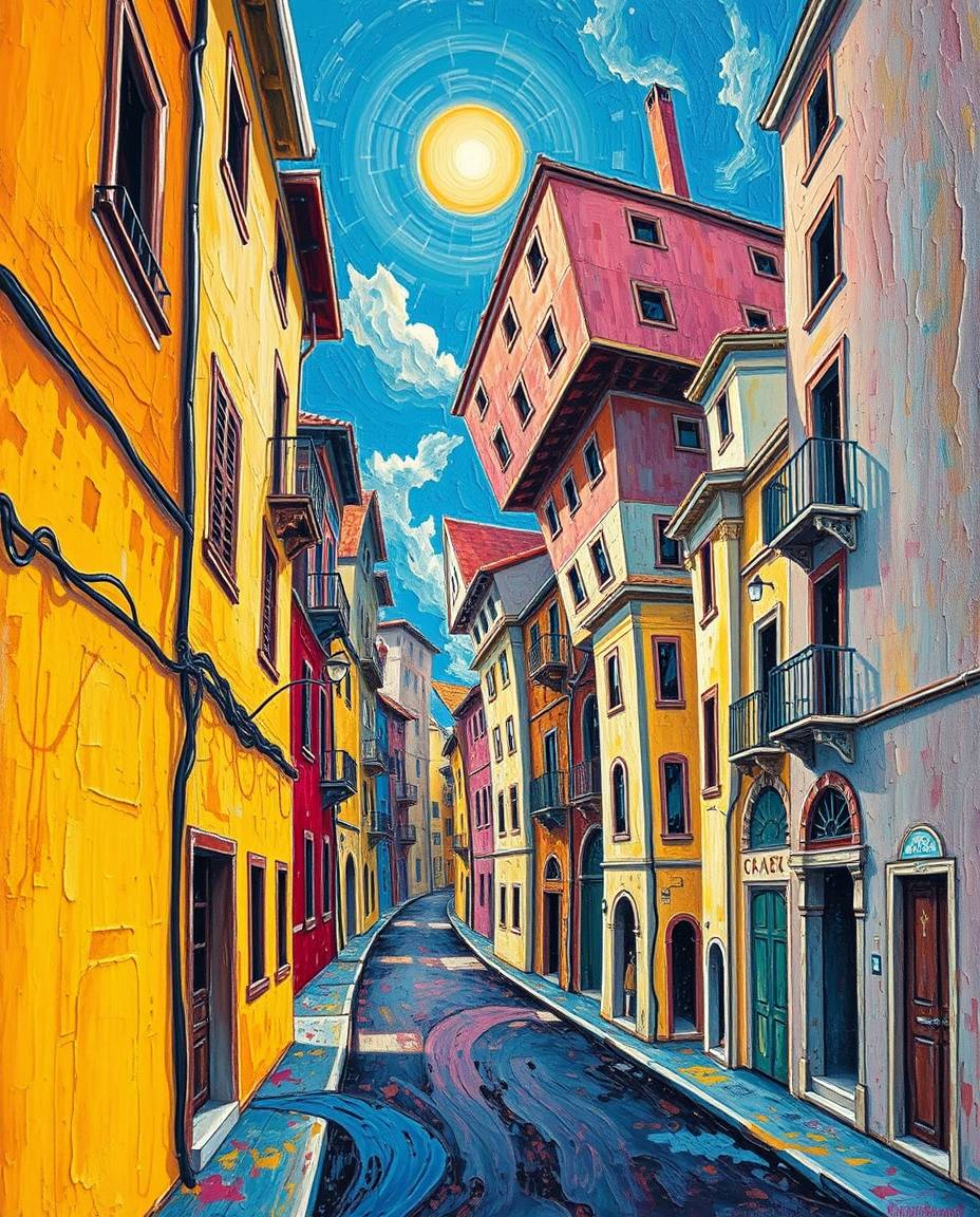 Discover a captivating surreal street scene where buildings fold and twist in a vibrant display of acrylics.  The artwork evo