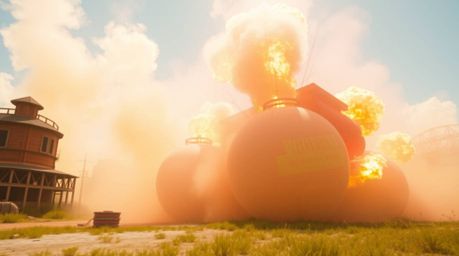 A vibrant, hazy illustration of a classic Wild West TNT explosion. Soft, bright colors and lively energy create a dreamy, ene