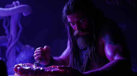 Explore a surreal and dramatic depiction of a caveman with an intense expression, cooking mammoth meat bathed in deep ultravi