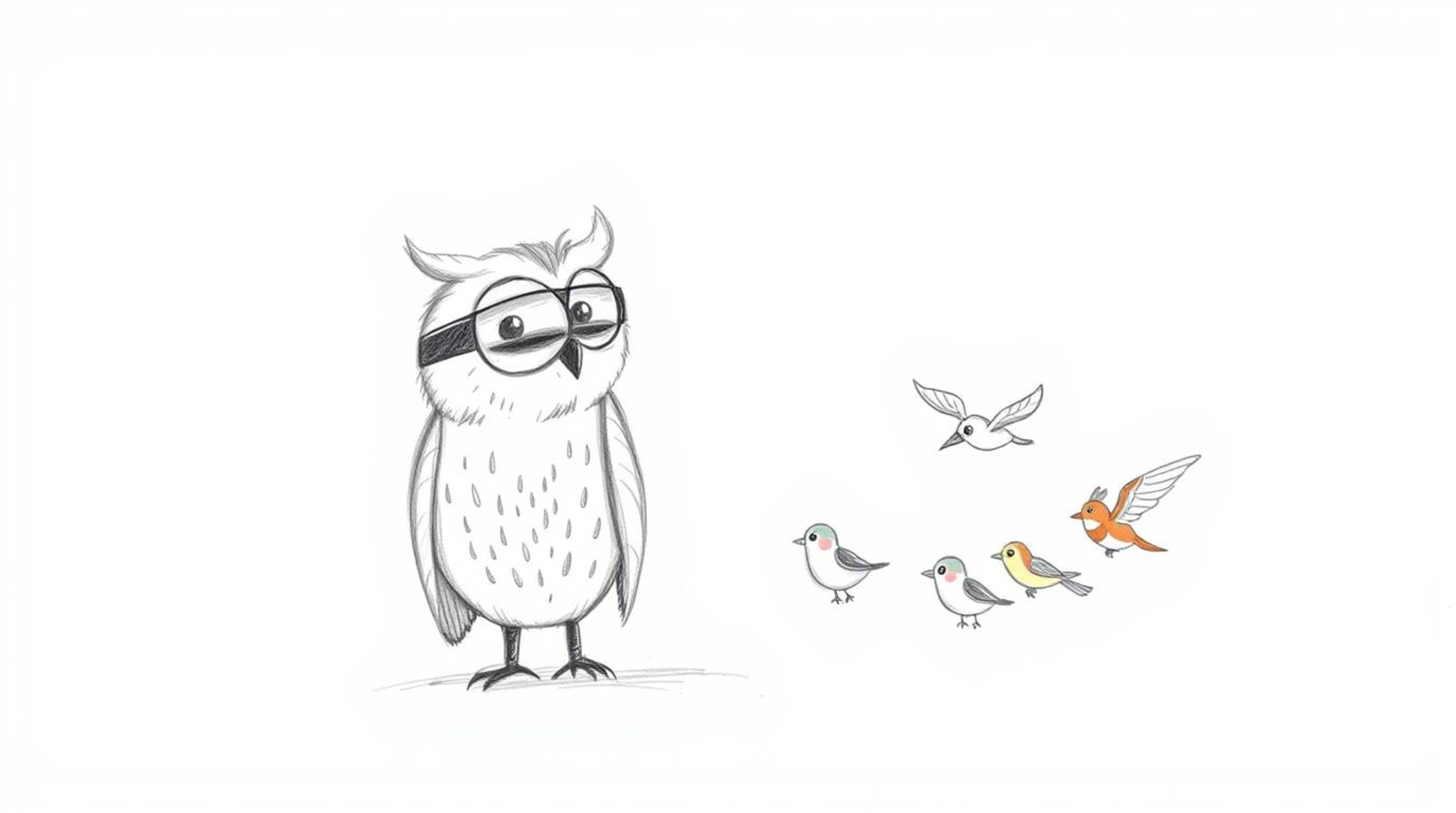 A heartwarming hand-drawn sketch in the style of Pixar portrays a blind owl, rendered with soft, textured pencil strokes agai