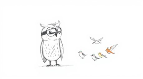 A heartwarming hand-drawn sketch in the style of Pixar portrays a blind owl, rendered with soft, textured pencil strokes agai