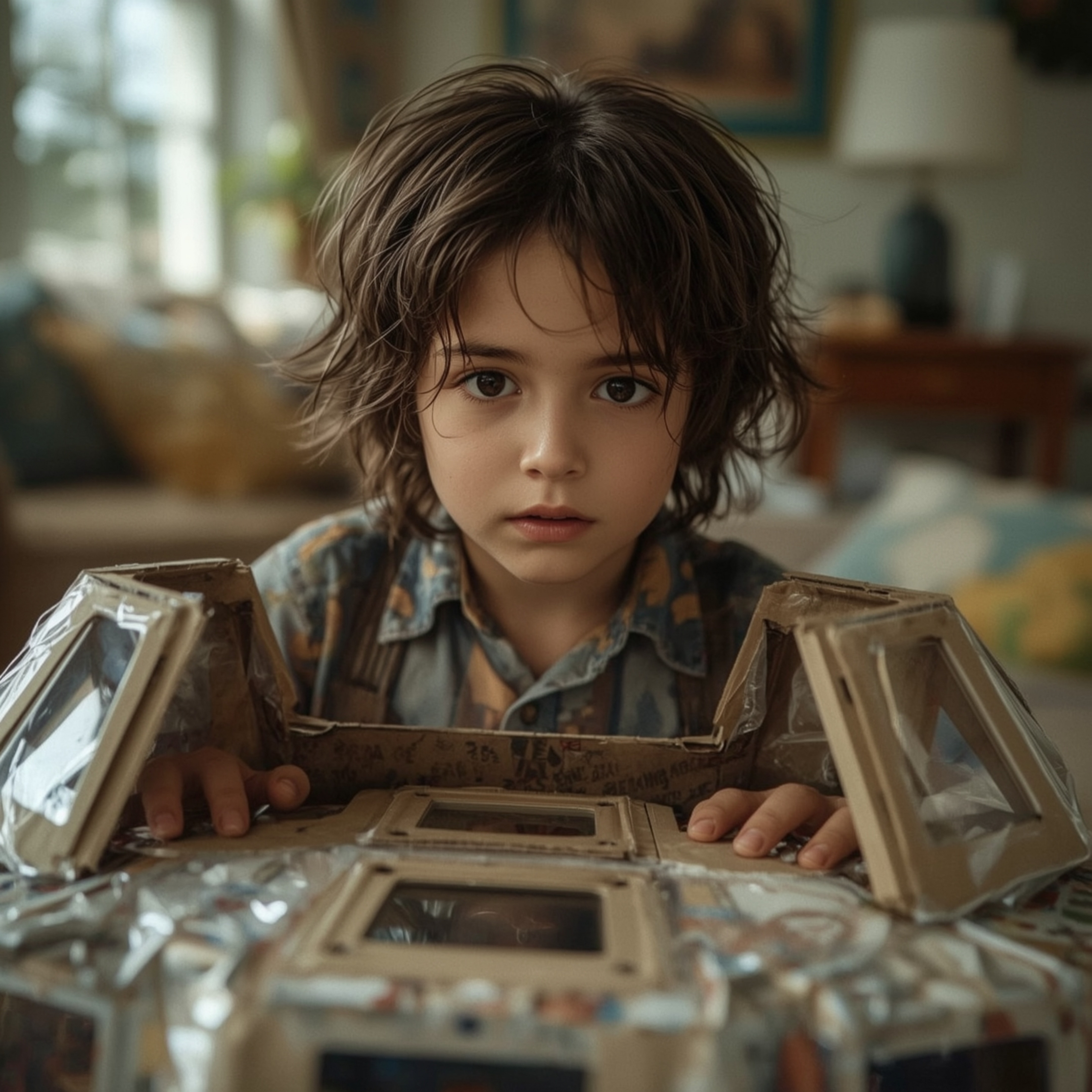 Exquisite high fashion photography captures a young boy with messy brown hair and bright, curious eyes, deeply engrossed in b