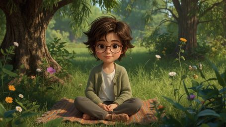 A high-resolution, vibrant stock photo, illustrated in a whimsical Pixar style, features a bright-eyed, smiling young genius 