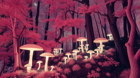 Explore a dreamlike and surreal landscape brought to life with vintage charm.  This enchanted forest features glowing mushroo