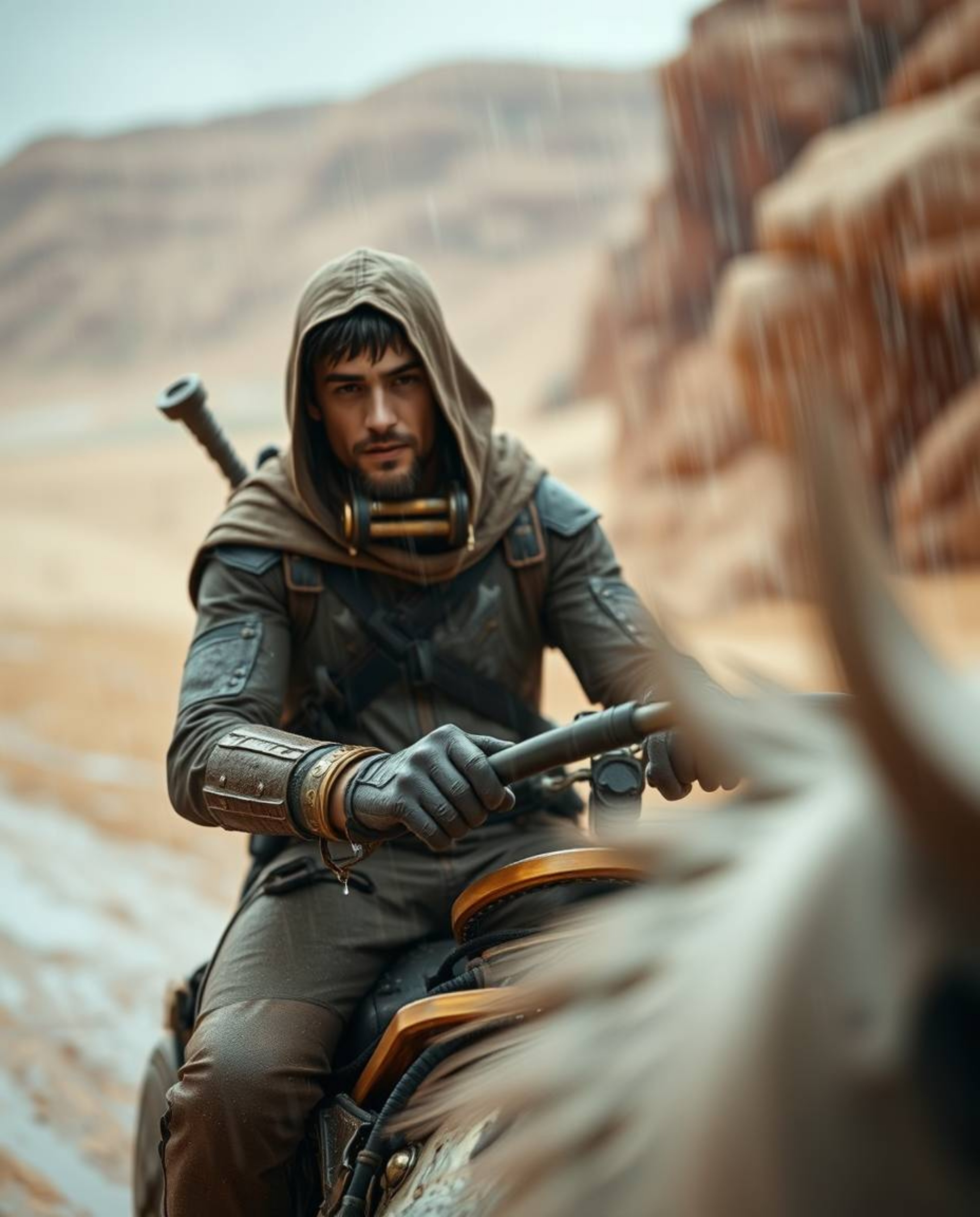 A brave hero embarks on a thrilling Disney-style desert adventure, unexpectedly caught in a downpour.  The image showcases sh