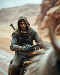 A brave hero embarks on a thrilling Disney-style desert adventure, unexpectedly caught in a downpour.  The image showcases sh
