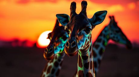 Capture the beauty of the savanna at sunset with a tight close-up shot featuring silhouetted giraffes bathed in iridescent co