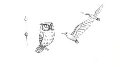 A heartwarming Pixar-style hand-drawn sketch depicts a blind owl, its feathers rendered with delicate detail, in the act of t