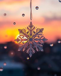 This artwork captures intricate, origami-style snowflakes falling during a vibrant sunset in a wet, rainy scene. The piece fe
