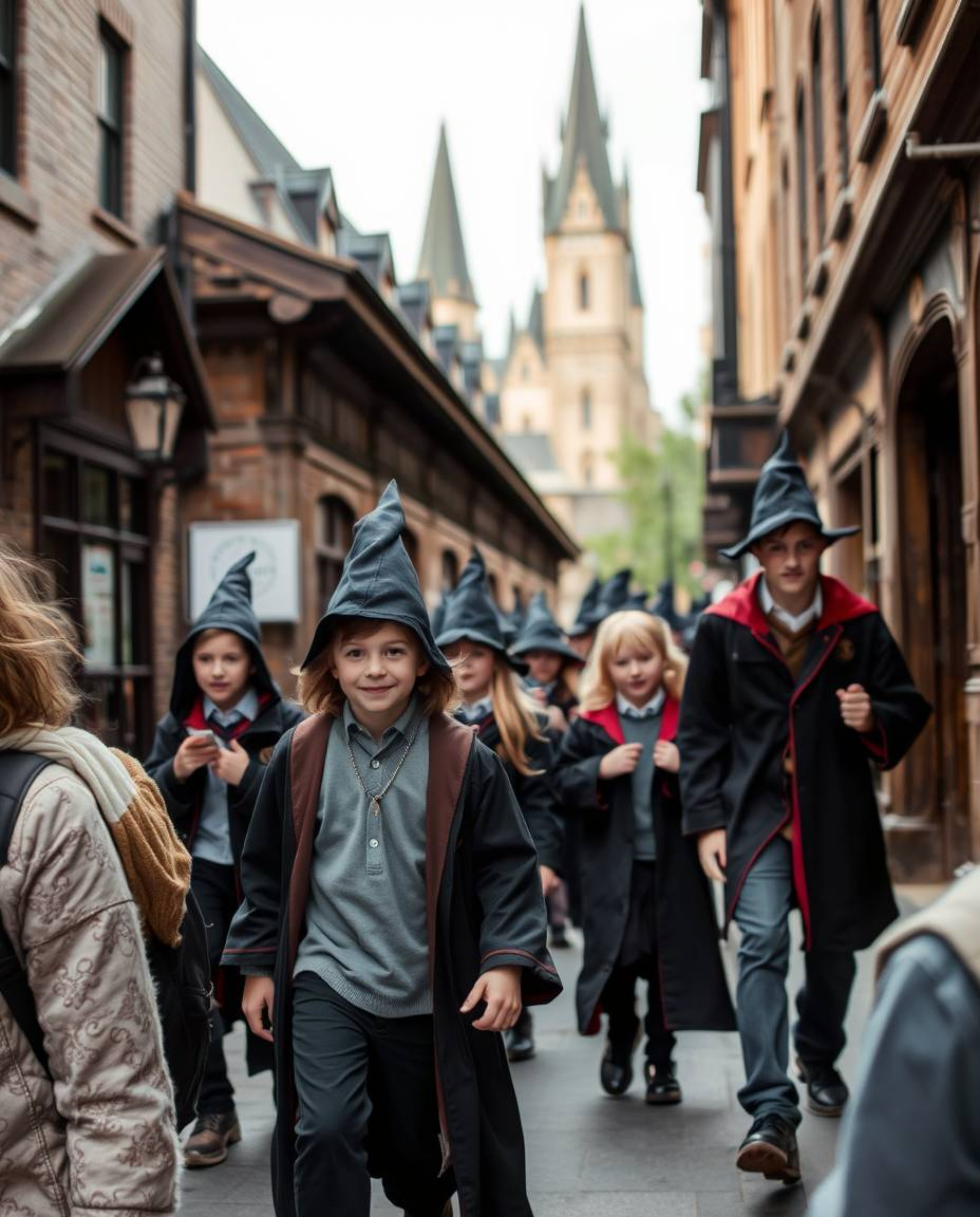 Capture the enchanting atmosphere of a magical school nestled within an urban setting through candid street photography. Witn