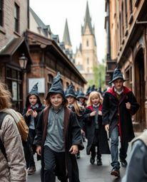 Capture the enchanting atmosphere of a magical school nestled within an urban setting through candid street photography. Witn