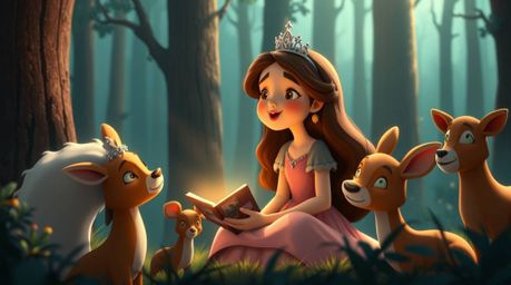 A captivating scene unfolds, depicting a princess enchanting forest animals with her song in a vintage 2D animation style. Th