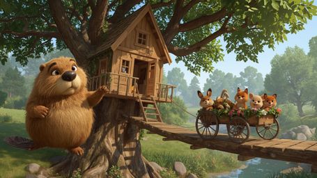 A high-resolution stock photo shows a busy beaver with warm, golden fur constructing the perfect treehouse in a lush, vibrant