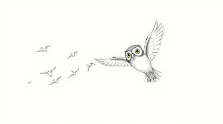 A heartwarming hand-drawn sketch in the style of Pixar depicts a blind owl, rendered with soft, textured pencil strokes, guid