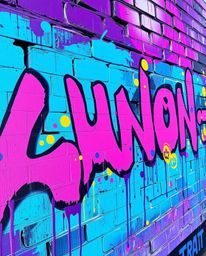 This captivating artwork features a bold acrylic painting of graffiti-style colorful splashes vividly adorning a brick wall. 