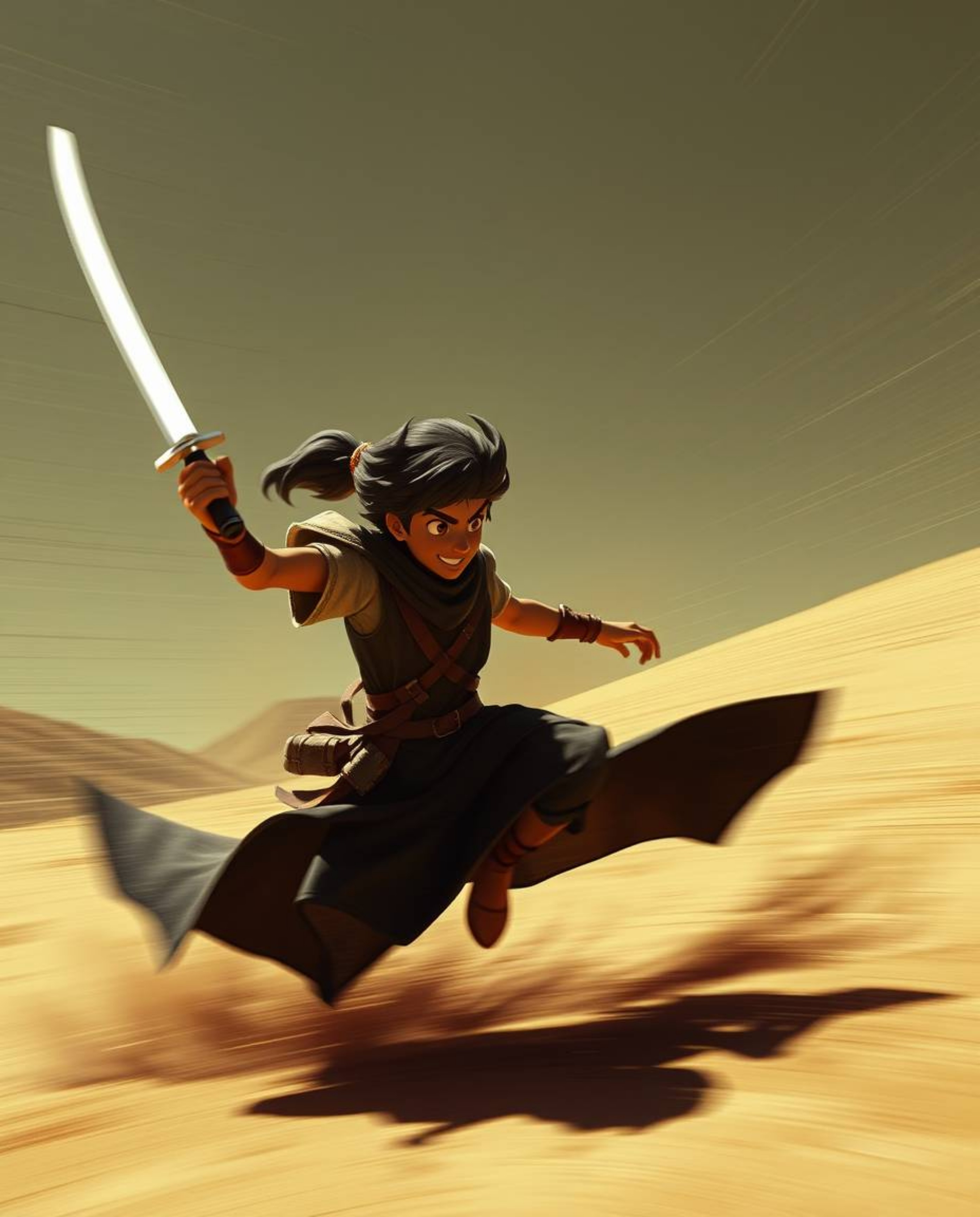 Experience a dynamic motion image showcasing a brave hero in a Disney-style desert adventure. The intense jet black tones, bl