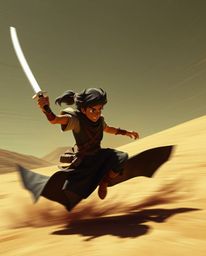 Experience a dynamic motion image showcasing a brave hero in a Disney-style desert adventure. The intense jet black tones, bl
