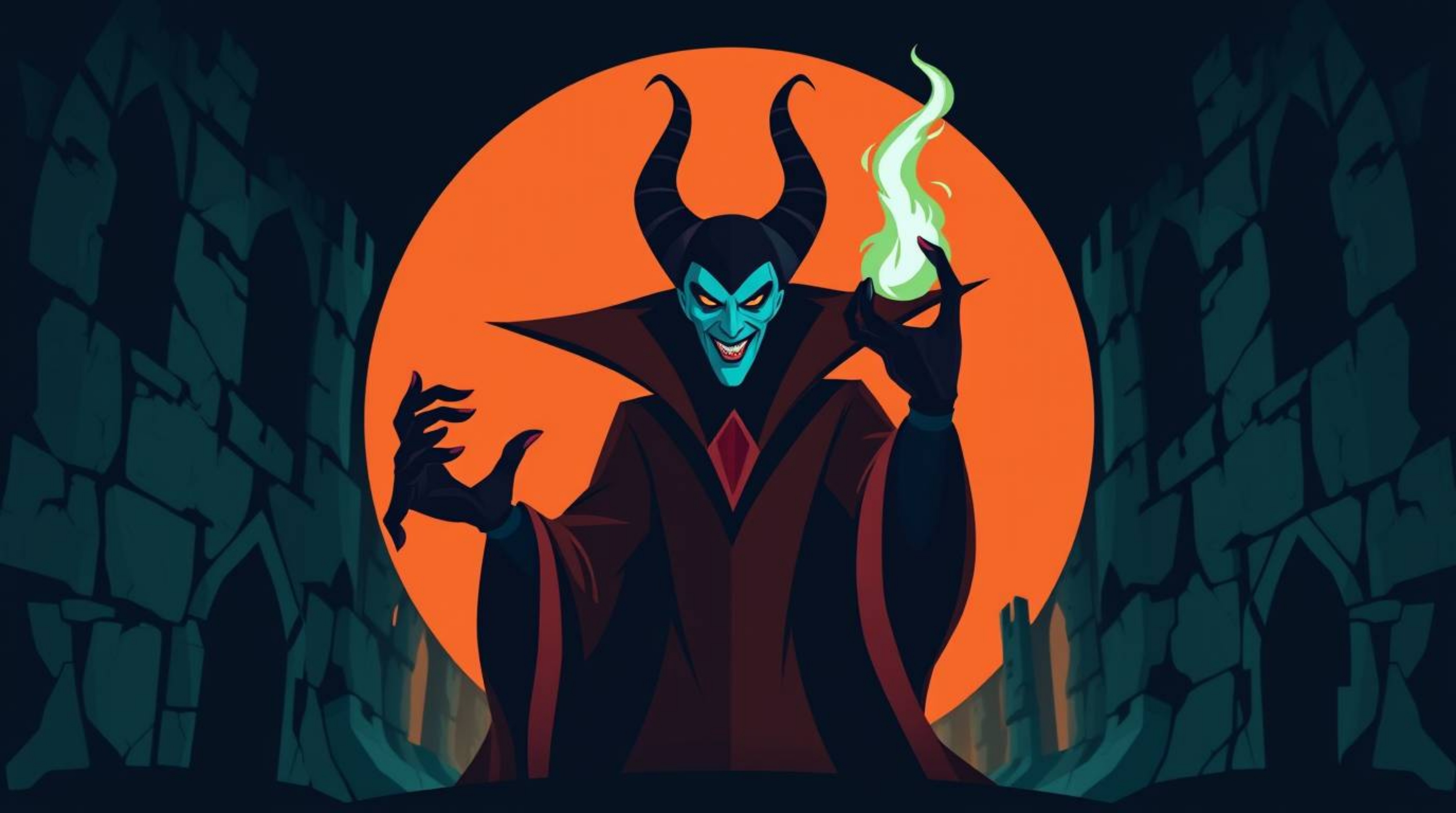 A captivating geometric logo design featuring a classic Disney villain. The design showcases the villain casting a spell wit