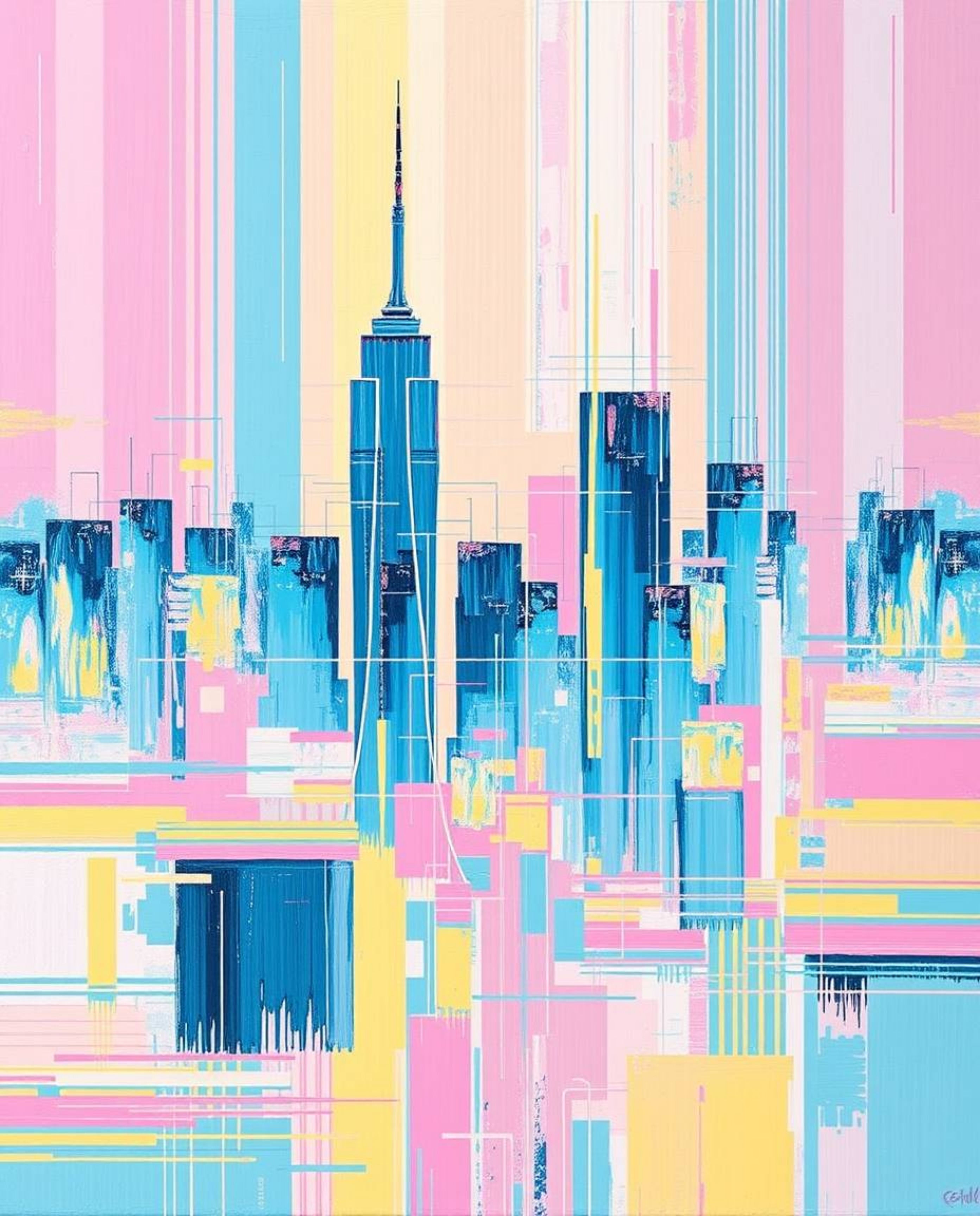 A captivating bold acrylic painting depicts a glitchy digital landscape featuring distorted skyscrapers and static noise.  Th