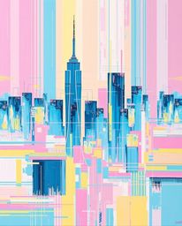 A captivating bold acrylic painting depicts a glitchy digital landscape featuring distorted skyscrapers and static noise.  Th