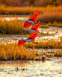 A captivating golden hour wetlands scene features herons in flight, set against a backdrop of vibrant reds, oranges, and yell