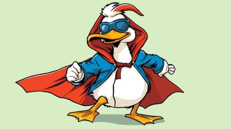 A whimsical depiction of a duck in a zany superhero costume, this artwork embraces a distinct split composition with divided 