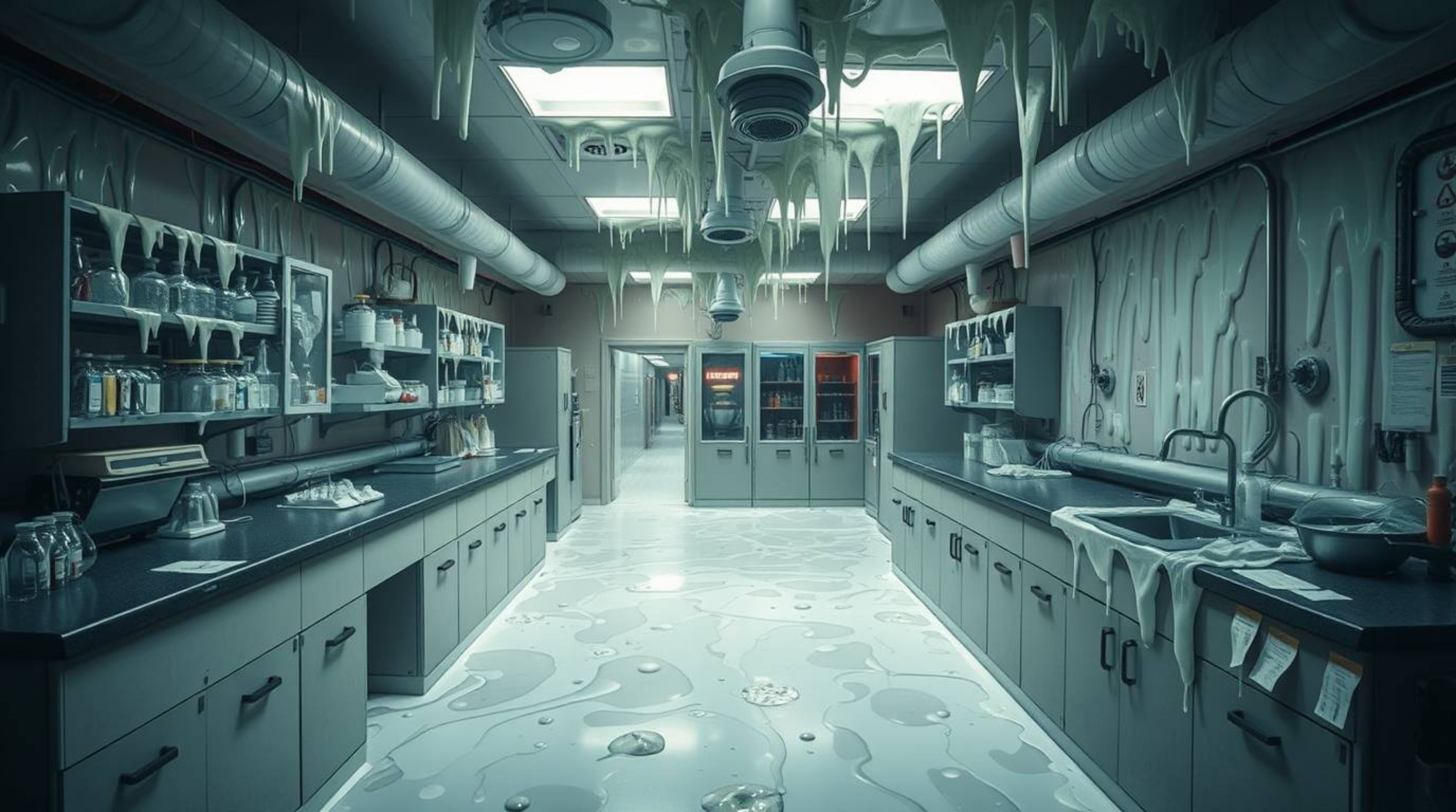 Explore a slime-covered science lab from a unique high-angle perspective, revealing a mystic and enchanting environment. This