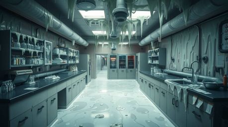 Explore a slime-covered science lab from a unique high-angle perspective, revealing a mystic and enchanting environment. This
