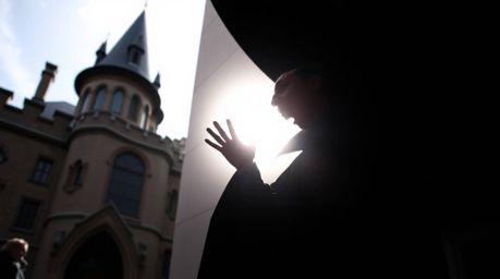 A captivating candid street photography image captures a classic Disney villain silhouetted against a bright light source. Th