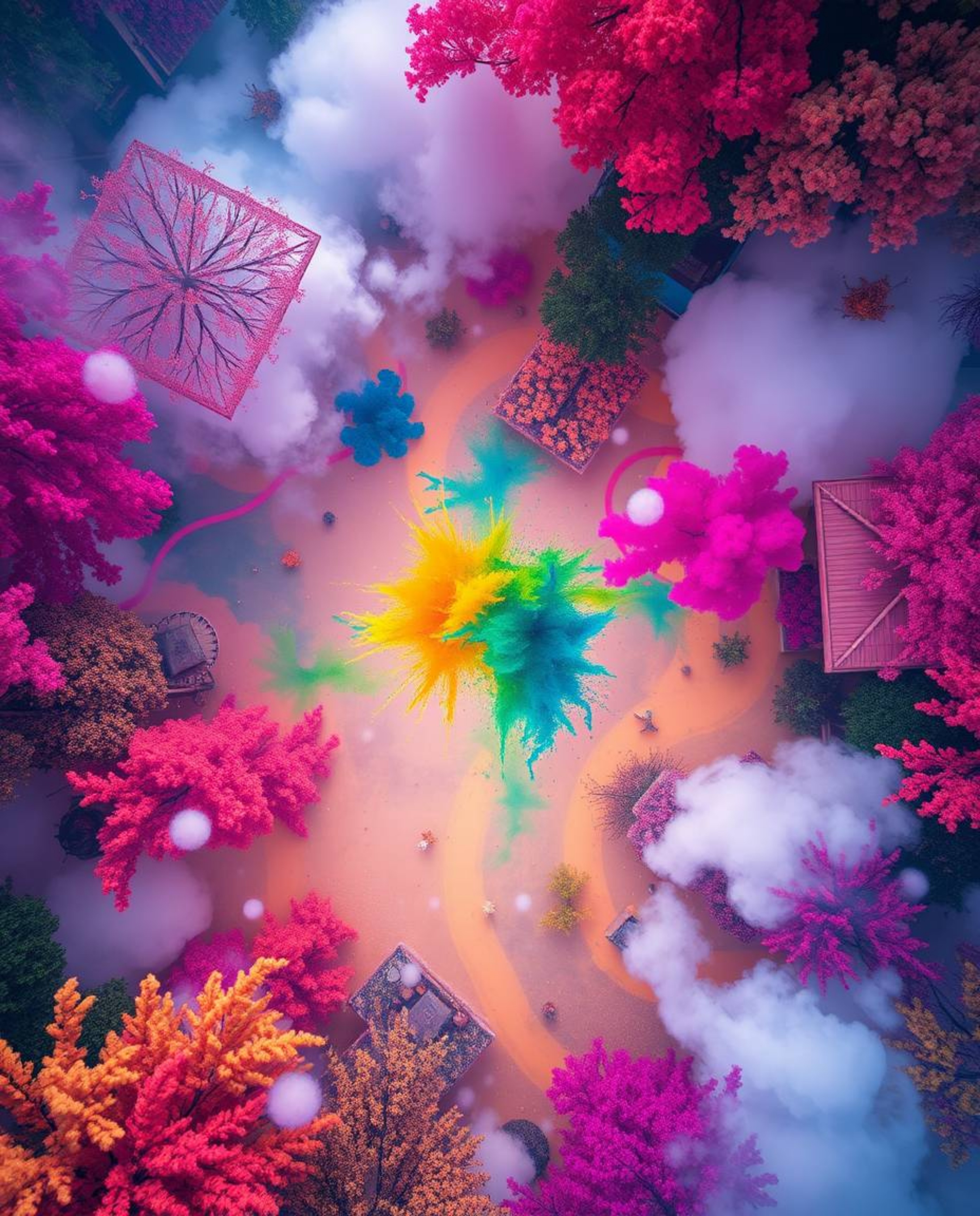 This captivating artwork presents an overhead bird's eye view of a world map ingeniously formed by bright and colorful splash