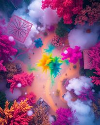 This captivating artwork presents an overhead bird's eye view of a world map ingeniously formed by bright and colorful splash