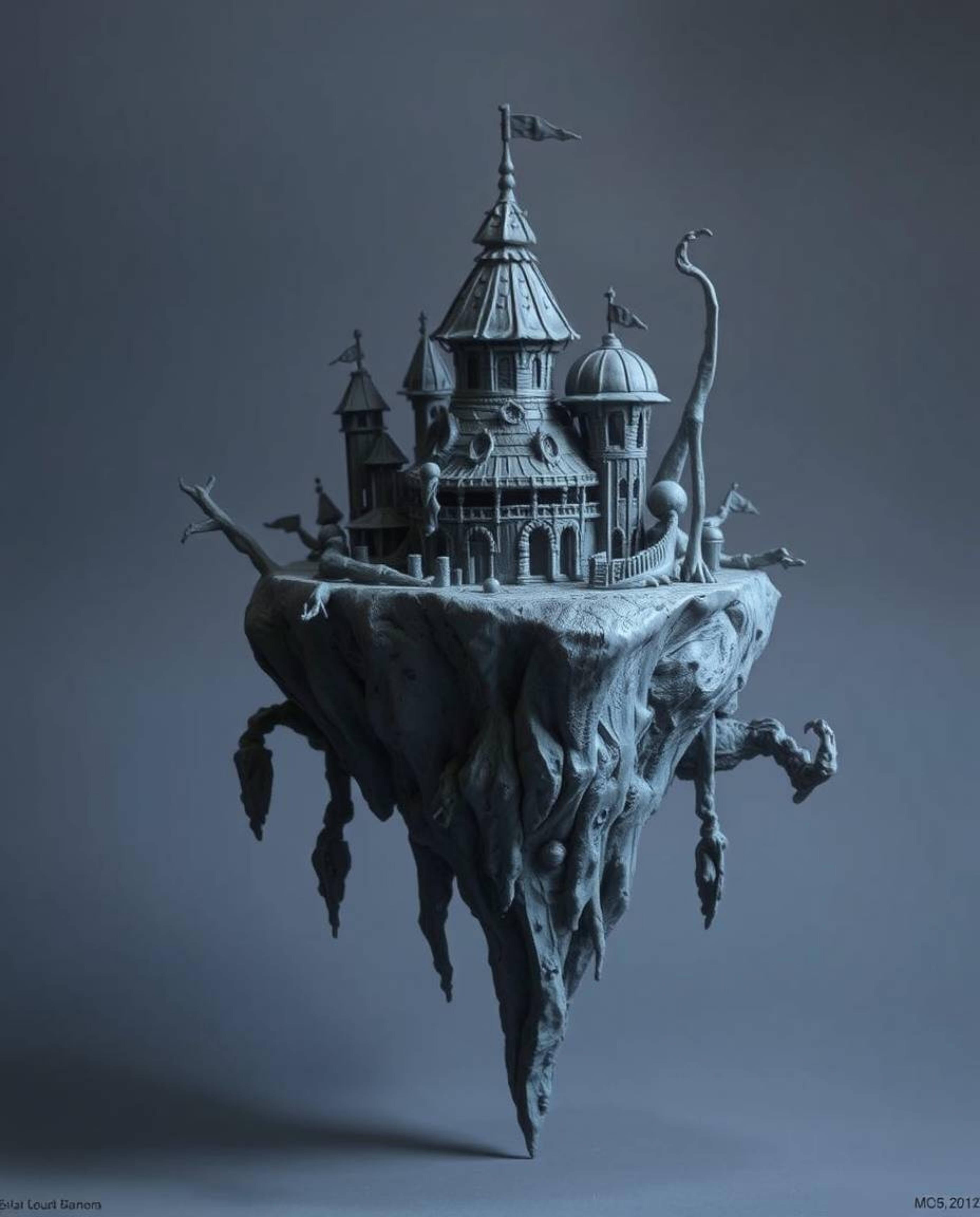Explore a surreal floating island sculpted from clay, featuring strange and unsettling architecture. This eerie landscape evo