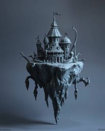 Explore a surreal floating island sculpted from clay, featuring strange and unsettling architecture. This eerie landscape evo