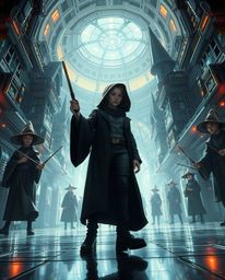 Discover a breathtaking, low-angle view of a futuristic magical school brimming with young wizards.  This captivating image b