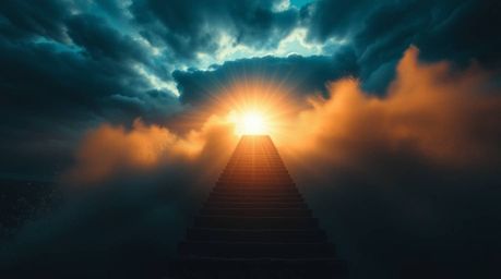 Witness a dramatic ocean staircase ascending into a stormy, sunburst-lit sky, viewed from a high-angle perspective. This epic
