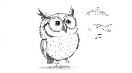 This image depicts a heartwarming scene of a blind owl with large round glasses, dedicated to teaching birds how to fly. Rend