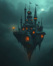 A surreal floating island scene, rendered with strange and intriguing architecture, evokes a strong and moody atmosphere. The