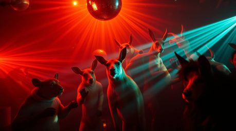 Experience a captivating high-angle view of an animal dance party, rendered in a striking, moody style.  Creative light art, 