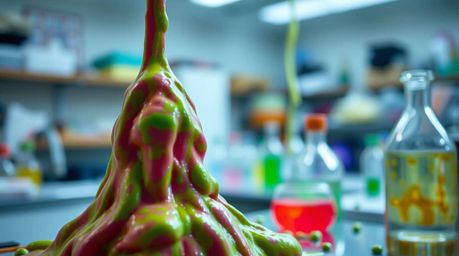 A captivating image of a slime-covered science lab, rendered with a beautiful blurred bokeh effect and vibrant, complementary