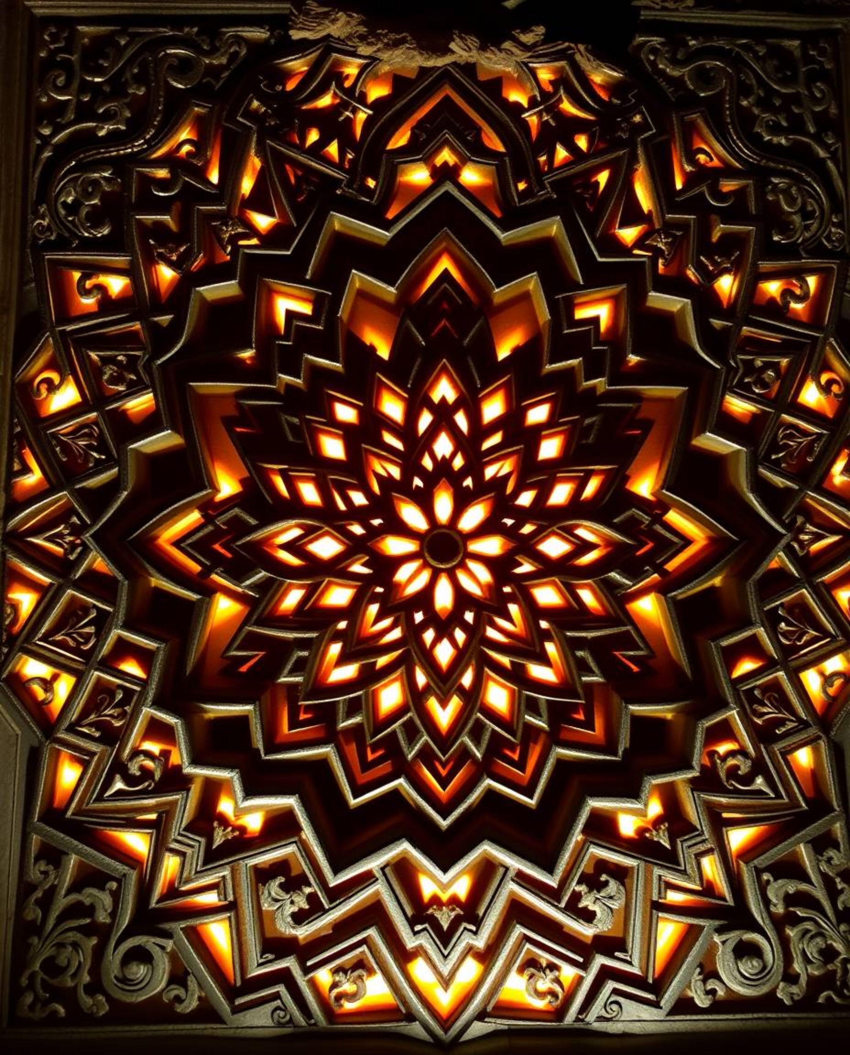 Explore the mesmerizing beauty of Islamic geometric stone carvings illuminated through creative light art. This collection sh