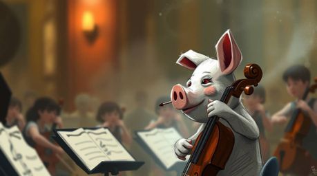 A captivating digital sketch depicts a pig character dramatically conducting an orchestra.  The image utilizes a blurred boke