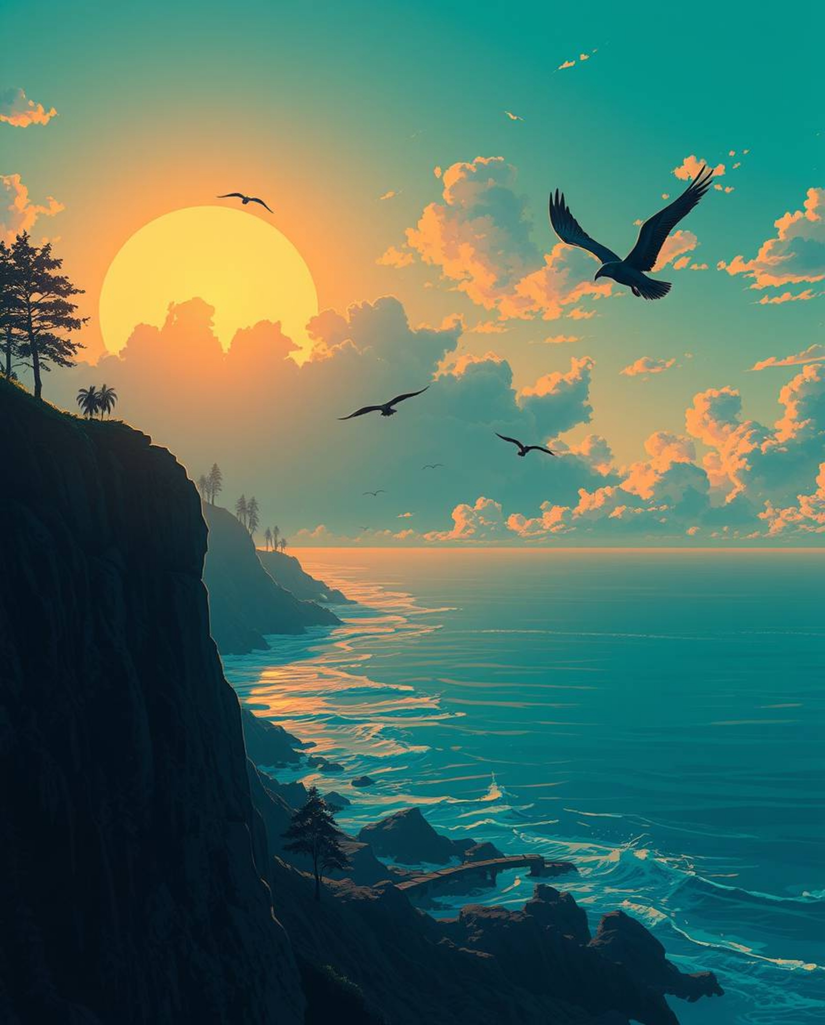 An Isekai anime-style sunset over a coastal cliff, depicted in rich deep teal. Soaring birds feature prominently in an expres