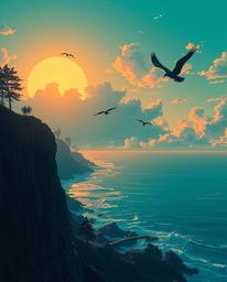 An Isekai anime-style sunset over a coastal cliff, depicted in rich deep teal. Soaring birds feature prominently in an expres