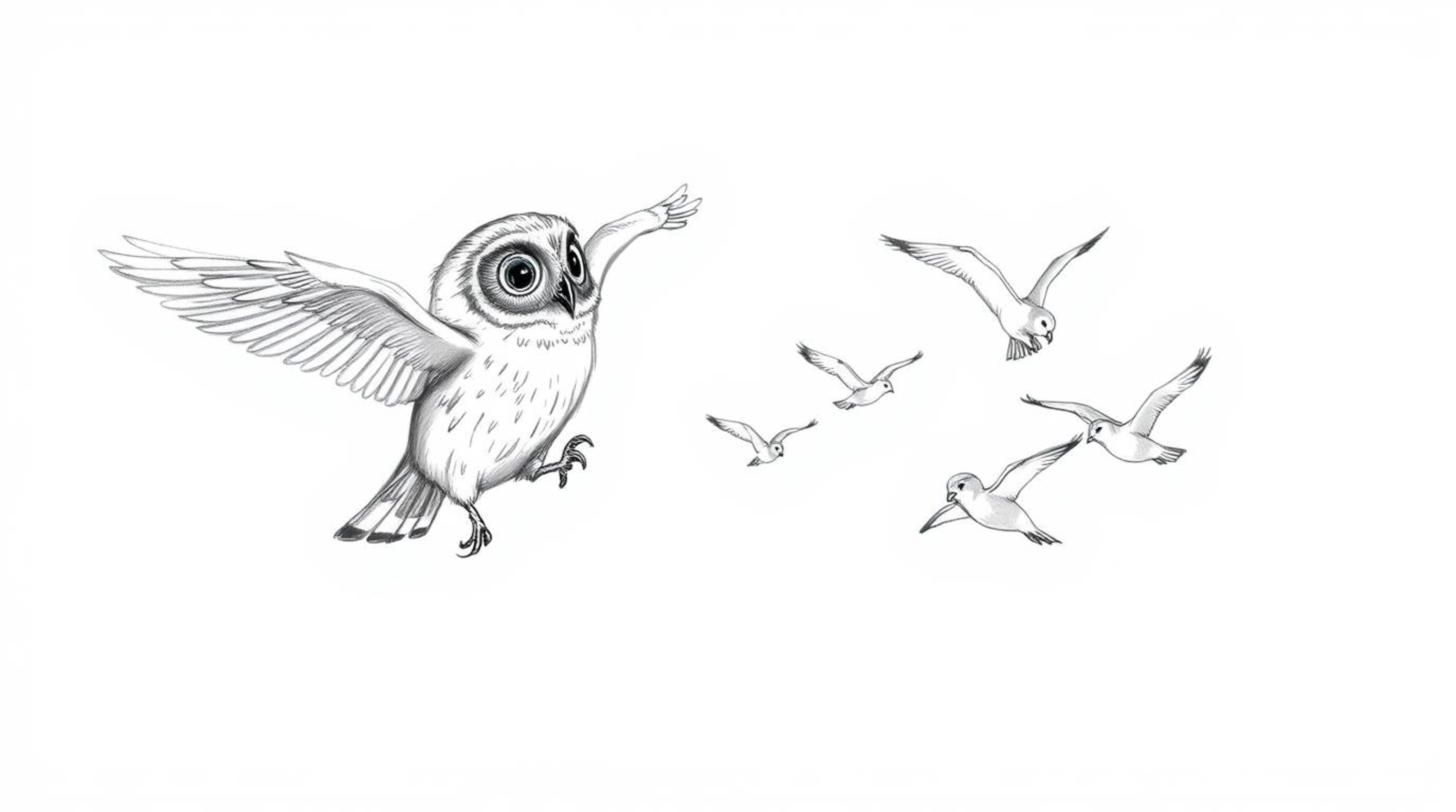 A captivating sketch depicts a blind owl, its plumage rendered in textured pencil strokes, gently guiding a group of birds in