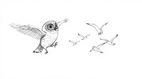 A captivating sketch depicts a blind owl, its plumage rendered in textured pencil strokes, gently guiding a group of birds in